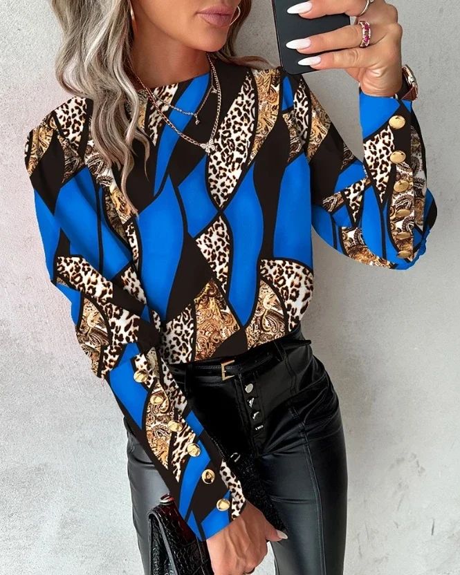 

Fashion Shirts Woman Clothing 2024 Spring Baroque Leopard Print Gigot Sleeve Tops Casual Long Sleeve Pullover Tee Y2K Blouses