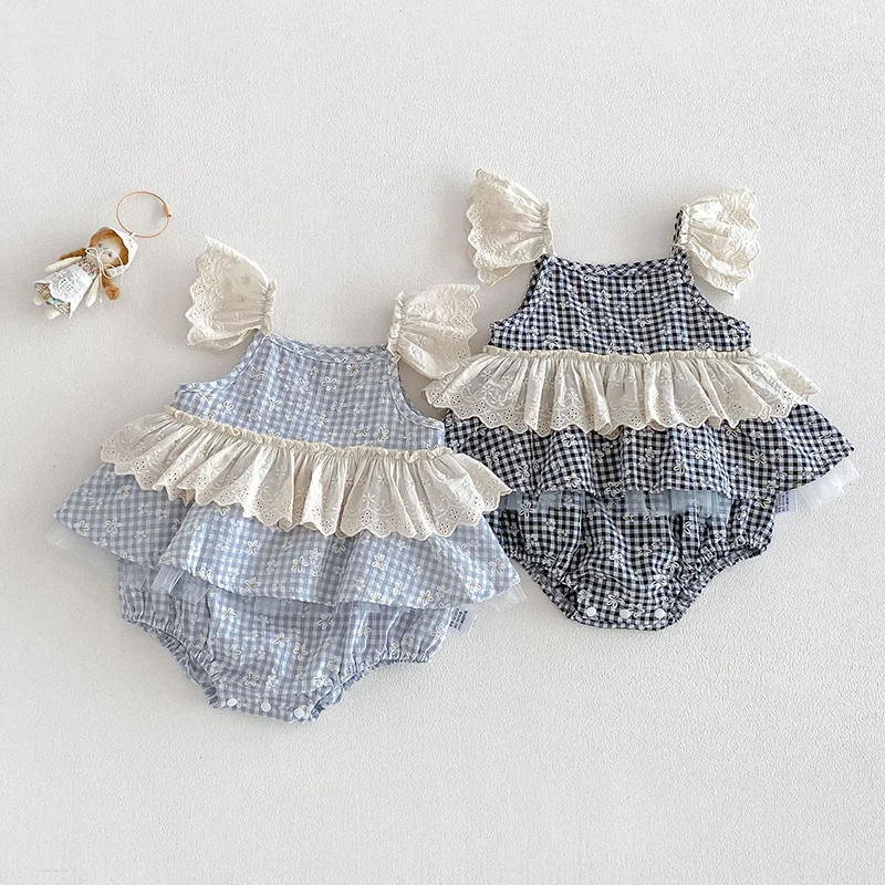 2026 New Summer 0-24M Children Clothes Infant Baby Girls Bodysuits Fly Sleeve Cotton Printed Lace Splicing Korean Style Climbing