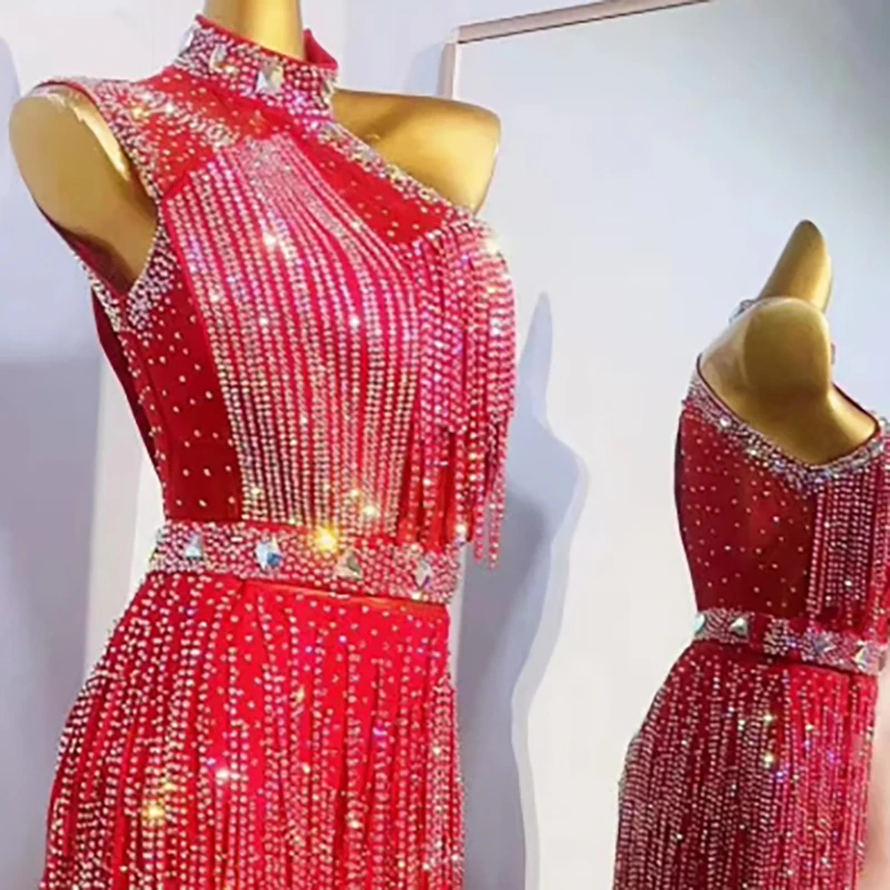 فستان الرقص اللاتيني للسيدات الراقية المخصص للغاية فستان أداء فني من حجر الراين من سامبا