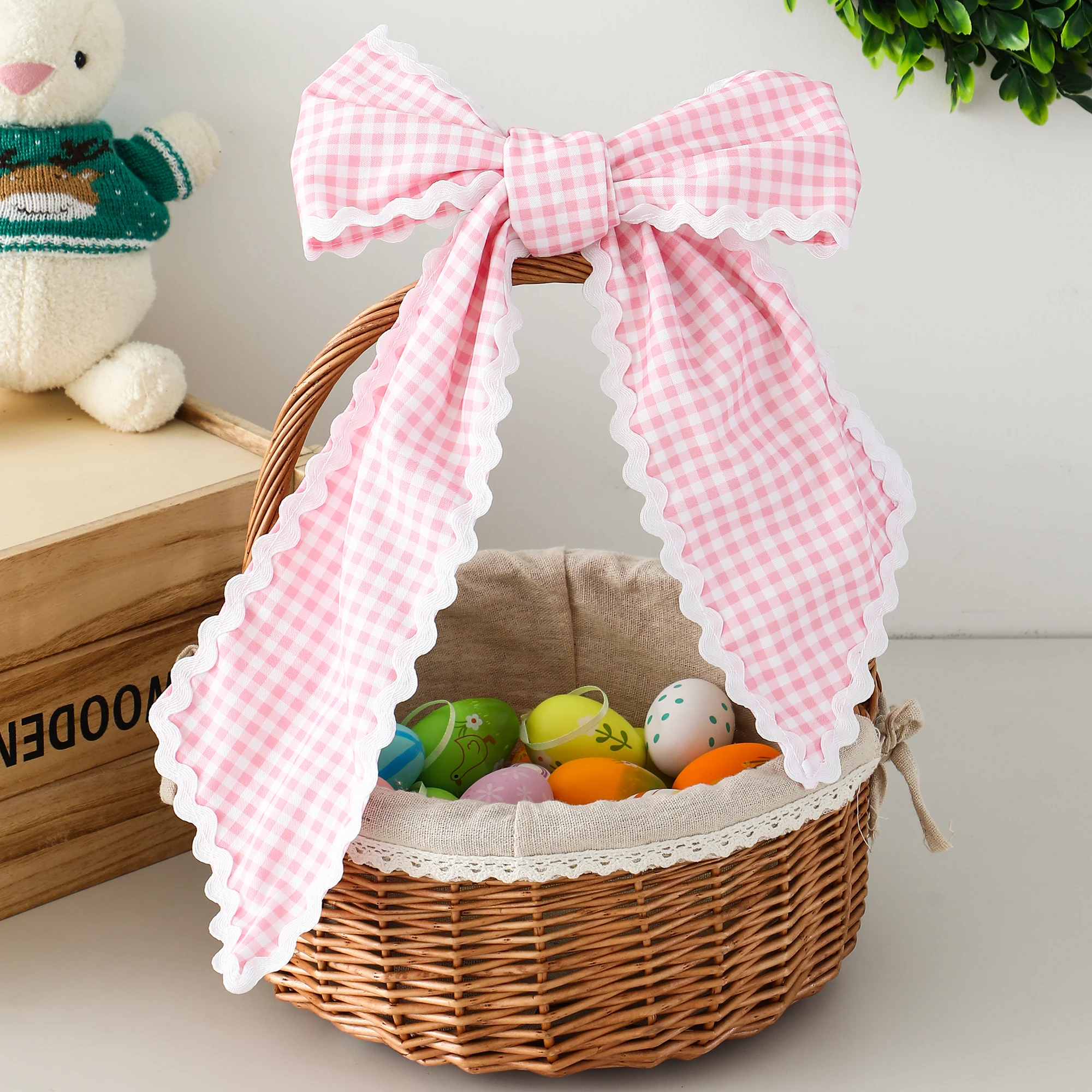 Ric Rac Kranz Schärpen Gingham Canvas Osterkorb Schleife Perfekt für Korb Baby Tür Dekor Festival Party Supplies Babyparty – Detail 2