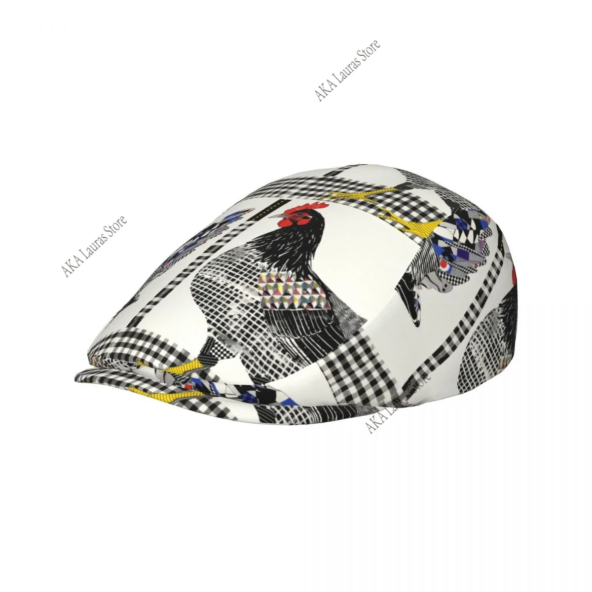 Elegant Men's Beret Rooster Black White Checkered Background Women's Kepi Cap Male