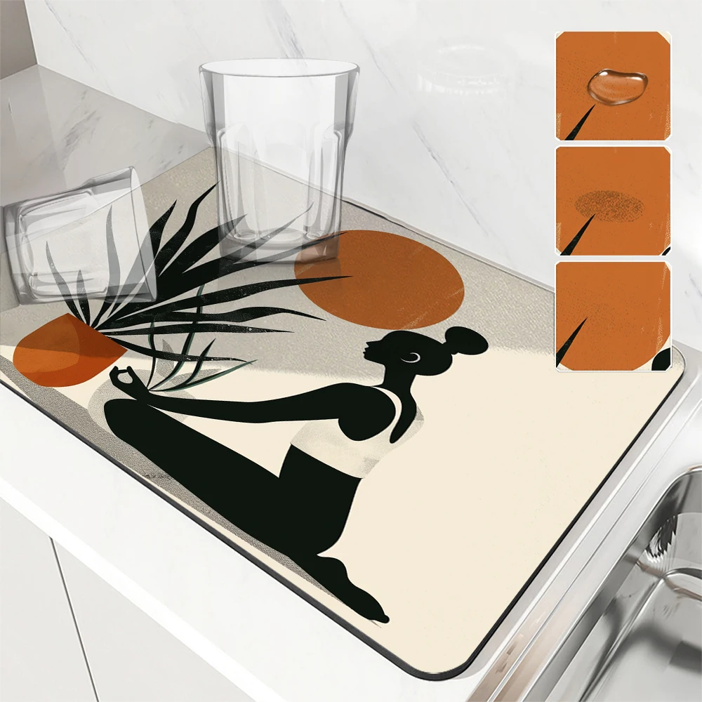 Large Kitchen Absorbent Mat Yoga Figure Leaf Antiskid Draining Coffee Dish Drying Mat Quick Dry Bathroom Drain Pad Tableware Mat