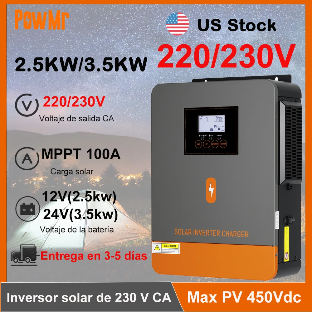 US Stock 230Vac 2.5KW 3.5KW DC 12V 24V Hybrid Inverter 100A MPPT Solar Charger Off-Grid Home Power Pure Sine Wave Inversor