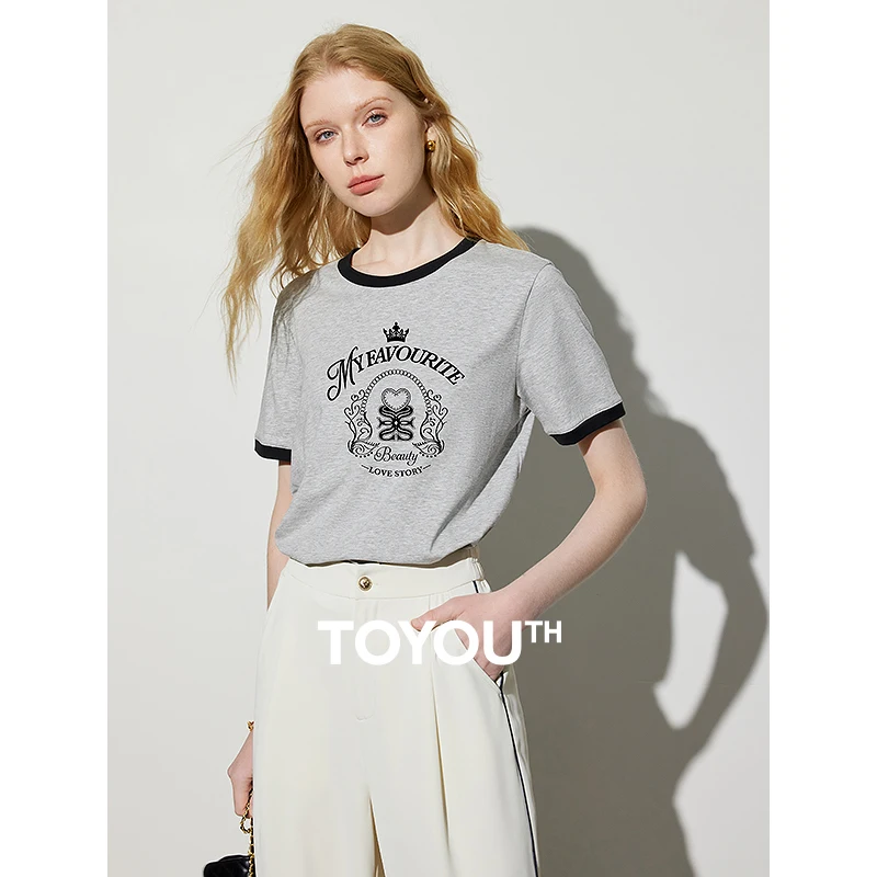 

TOYOUTH Women T-shirt 2024 Summer New 5A Antibacterial Cotton Contrast Round Neck Printed Tops