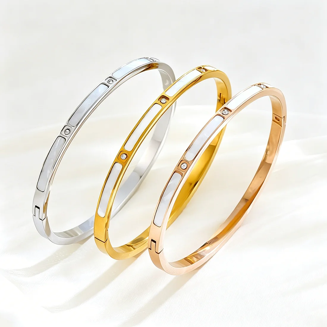 Hypoallergenic Stainless Steel Bangle Non-Tarnish Gold/Rose Gold/Silver with Mother of Pearl Zircon Cuff Bracelet for Women Girl
