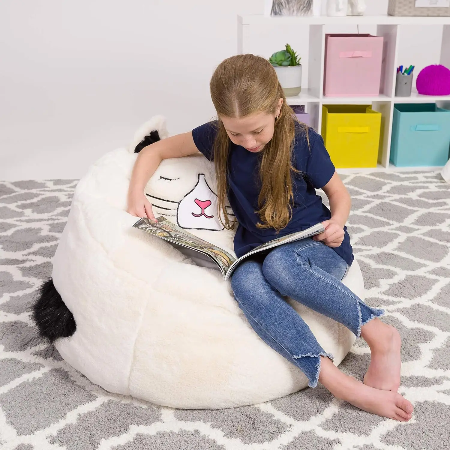 Creations Cute Soft and Comfy Bean Bag Chair for Kids, Large, Animal - Ivory Cat