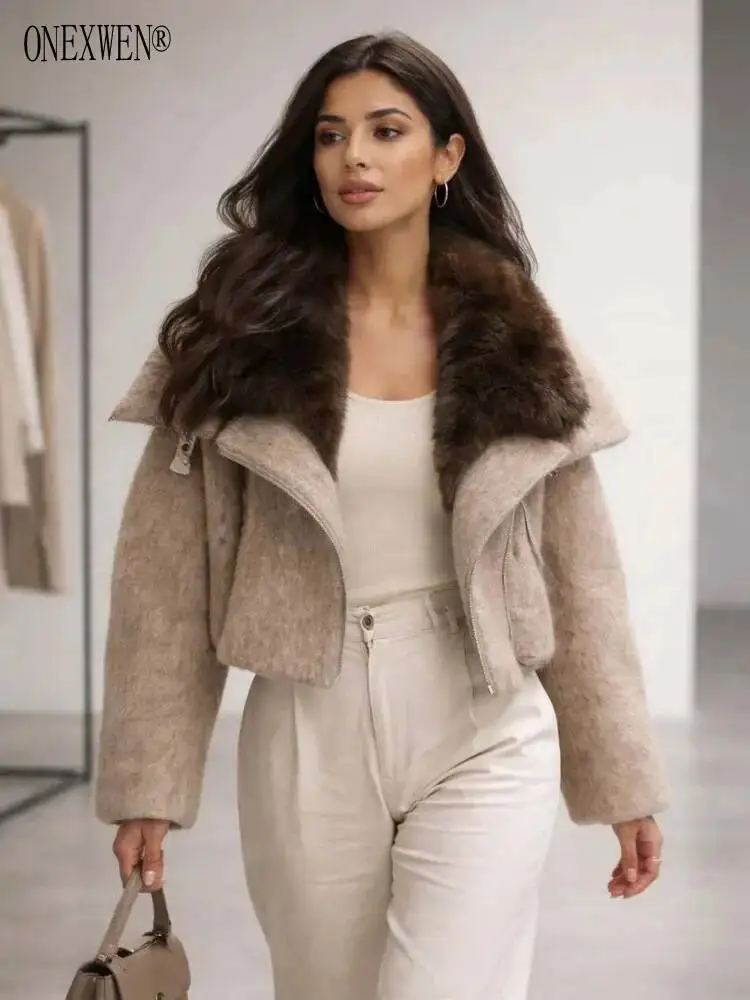 ONEXWEN Women Wool Blend Short Down Jacket Big Fur Collar Asymmetric Zipper Motorcycle Coat Loose Cropped Coat Winter ZM5390