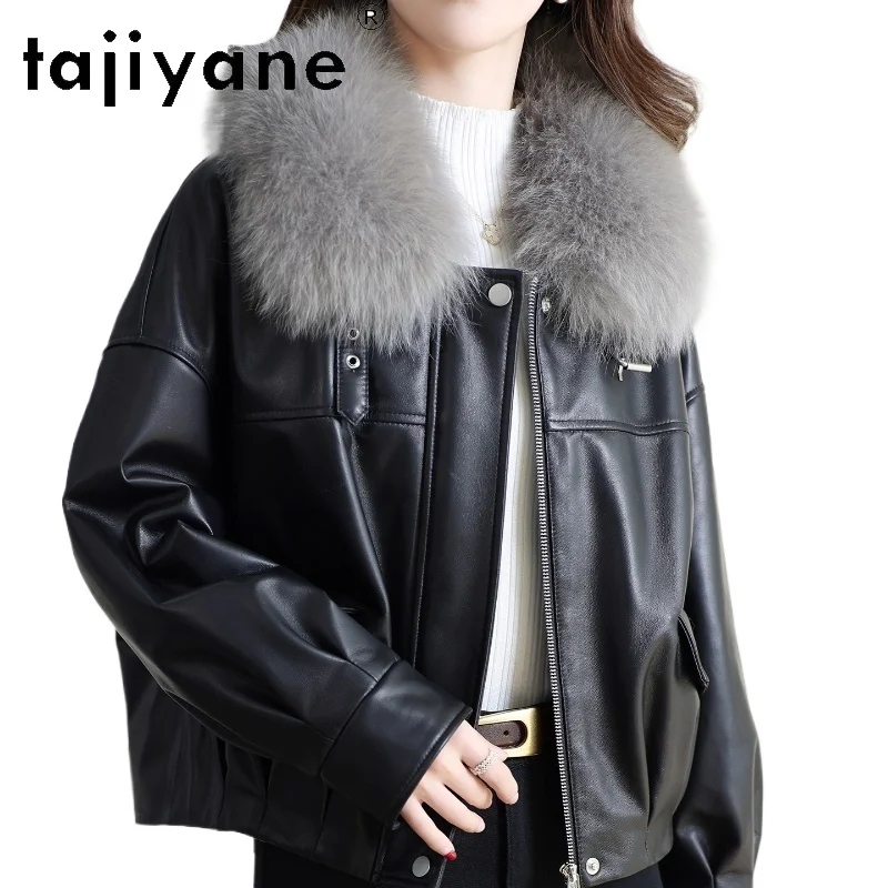 TAJIYANE 100% جلد الغنم أوزة أسفل سترة امرأة قصيرة الثعلب الفراء طوق معطف جلد طبيعي سترة منفوخة 2025 ملابس حريمي 신상АКю터
