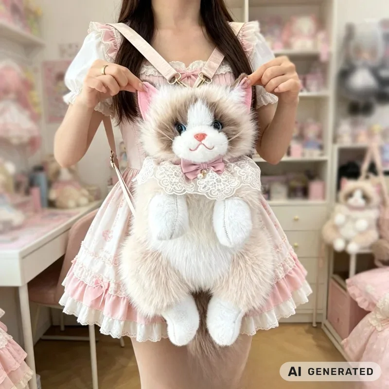 Cute Plush Cat Backpack Kawaii Gray Kitten Doll Bag With Lace Bow Can Meow Sound Suitable For Girls Kids Gift Daily Outdoor