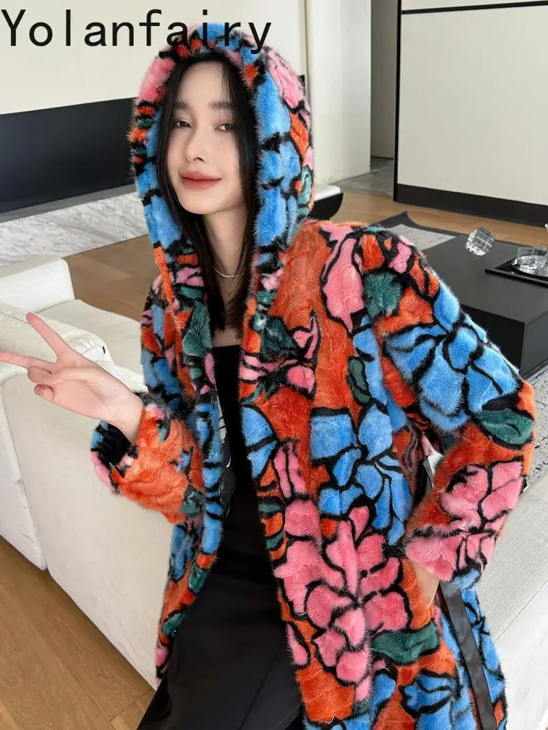YOLANFAIRY Naturalny płaszcz z futra z kapturem damski zimowy płaszcz z prawdziwego futra norek dla kobiet modny luźny płaszcz z futra z nadrukiem długi płaszcz wierzchni