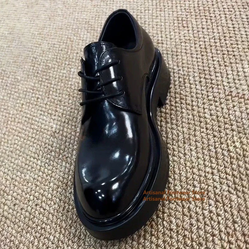 Men's Black Shiny Leather Platform Derby Shoes Lace-Up Chunky Block Heel Oxford Shoes Round Toe Thick Sole Dress Brogue Shoes