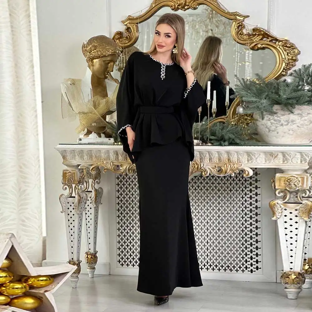 

Sheath Evening Dress Crew-Neck With Crystal Draped Elegant Floor Length Shawl Saudi Arabian Women's Formal Occasion Party Gown