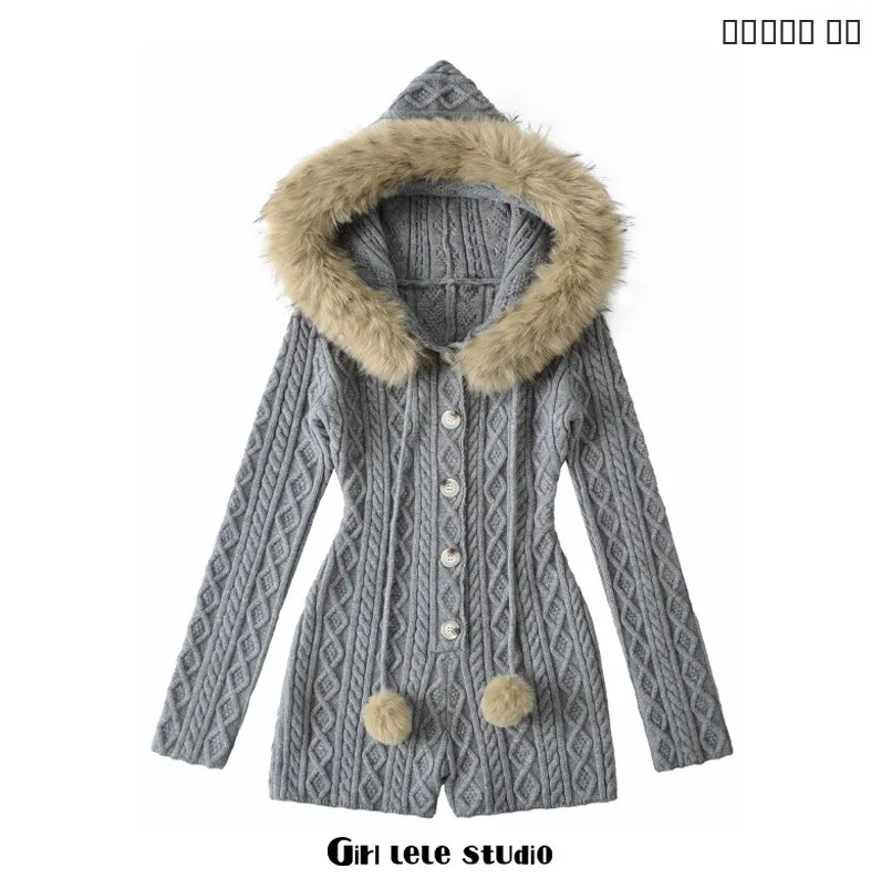 

Вязаный комбинезон с шапкой и меховым воротником, облегающий силуэт, от Girl LeLe Studio, с высокой талией, брюки для женщин