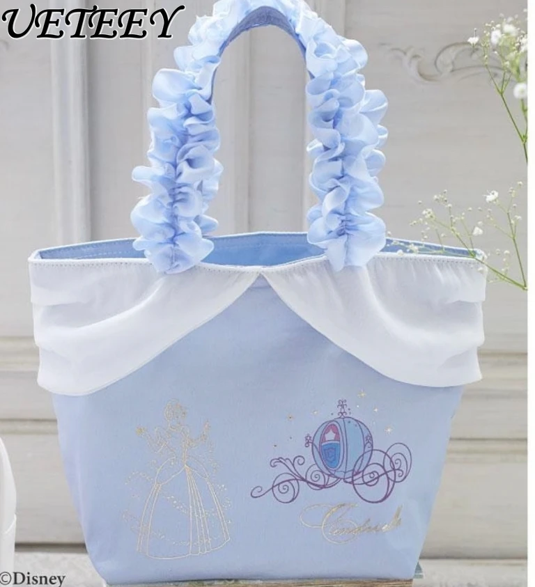 Japanese Style Cartoon Print Sweet Girl Organza Handbag Blue Versatile Shopping Travel Cosmetic Bag Outerdoor Makeup Pouch