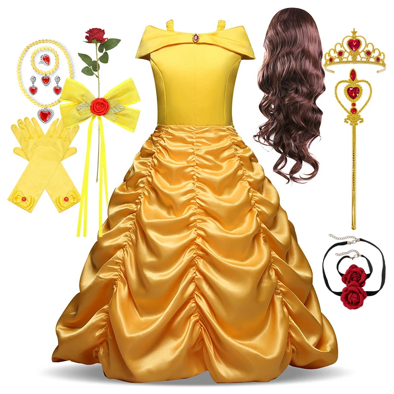 Belle Costume for Girls Cosplay Yellow Princess Dress Beauty and The Beast Costumes Girls Birthday Party Children Clothes Gown