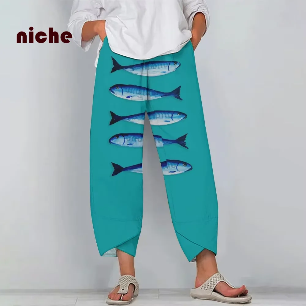 High-Quality Women's Beach Pants Large-Size Cotton And Linen Fabric Solid Color Fish Printing Trend Nine-Point Wide-Leg Pants