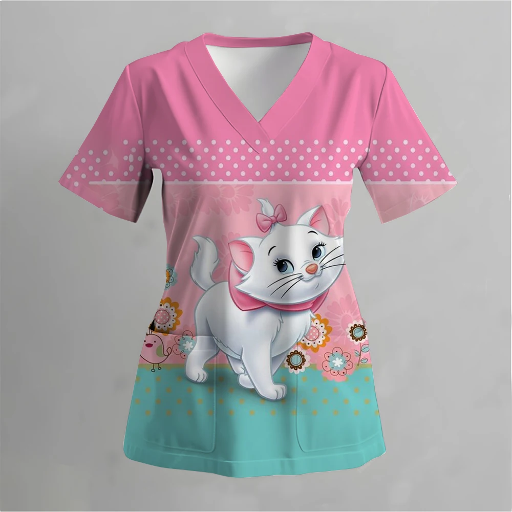 Disney Pet Mary Cat Print Scrub Tops Pet Shop Medical Uniforms Nurse V-Neck Shirt Akcesoria pielęgniarskie Doctor Scrubs Clothes