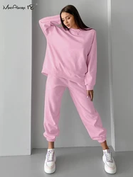 Mnealways18 Pink Casual Sporty Jogger Pants Suits Women O-Neck Sweater And Pants Two Pieces Set Loose Winter 2024 Sweatpants Set