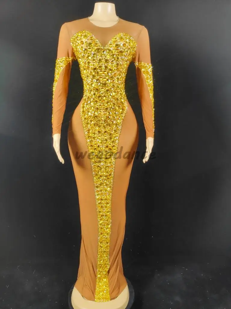 Sparkly Sexy Backless Costume Prom Outfit Evening Birthday Gold Crystals Transparent Long Dress