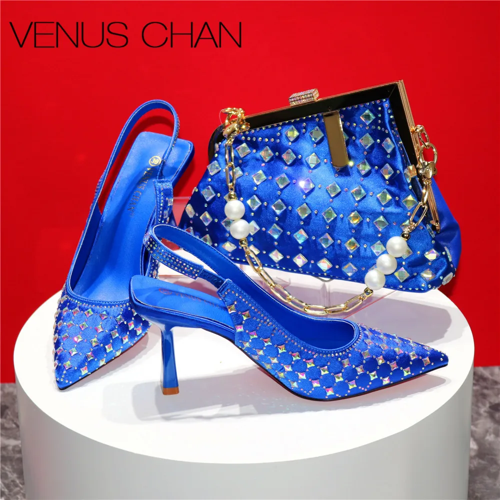 Italian Design Luxury Women\'s Shoes And Clutch Blue Color Full Diamond Decoration Metal Closure Bag for Wedding Party