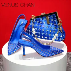 Italian Design Luxury Women's Shoes And Clutch Blue Color Full Diamond Decoration Metal Closure Bag for Wedding Party