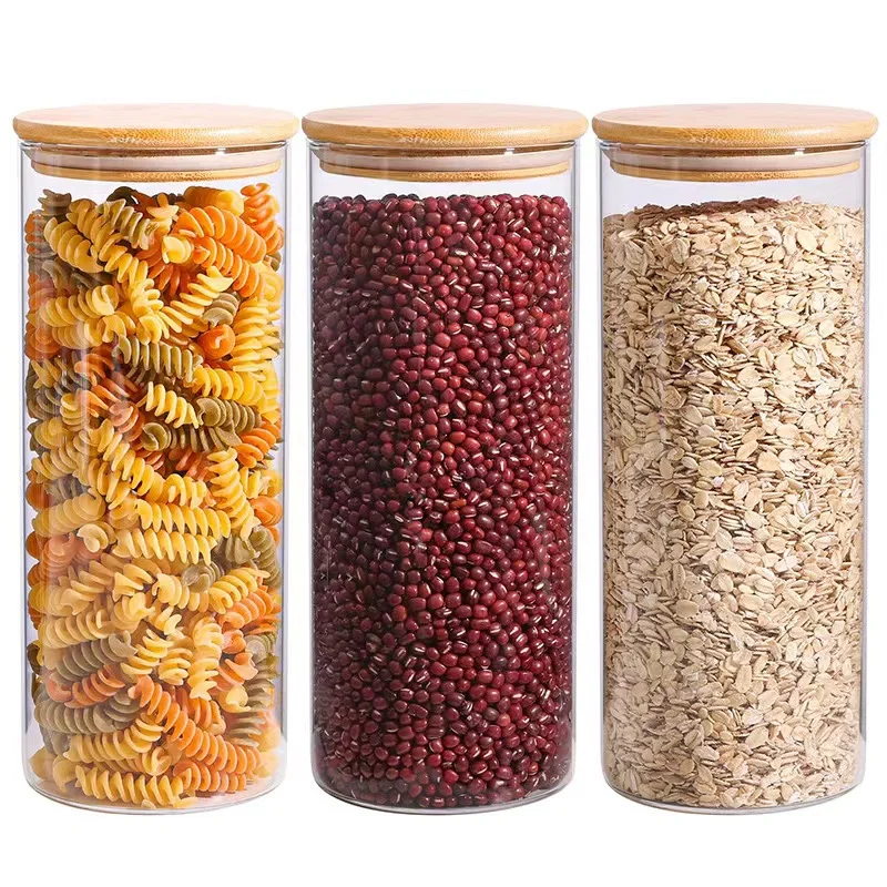 Food Storage Jars Food Containers with Airtight Bamboo Wooden Lids for Pasta Nuts Flour Canisters for Kitchen BPA Free 1pcs