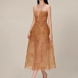 Khaki Lace Dress Women Runway Design 20234 Sleeveless Elegant Clothing Female High Waisted O-neck Evening Dresses