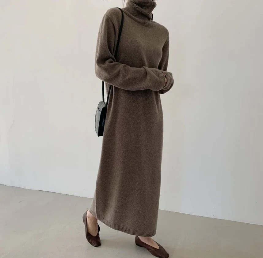 

Осень-зима, свободная водолазка, женские трикотажные длинные платья, новинка 2025 года, винтажное прямое платье трапециевидной формы с длинными рукавами, женское