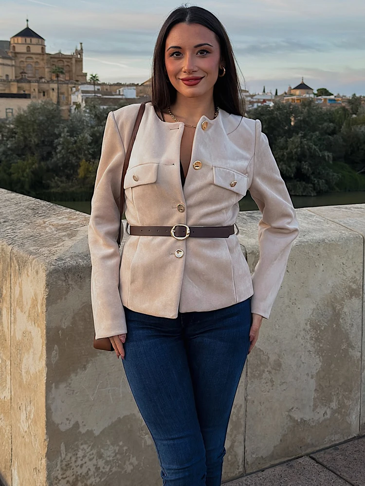 

HH Casual Suede Blazer Coats With Belt For Women 2025 O-Neck Single Breasted Long Sleeve Blazer Jacket Autumn Female Streetwear