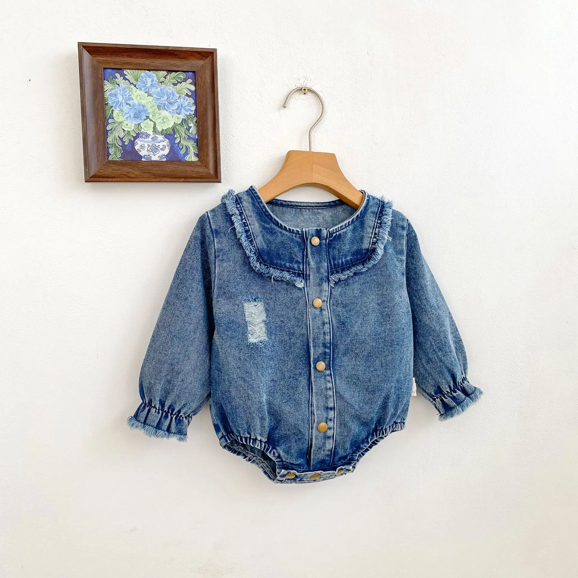 Spring And Autumn Baby Long Sleeve Cowboy Hairy Open Collar Bag Hemp Ha Clothes Jumpsuit Crawler Clothes