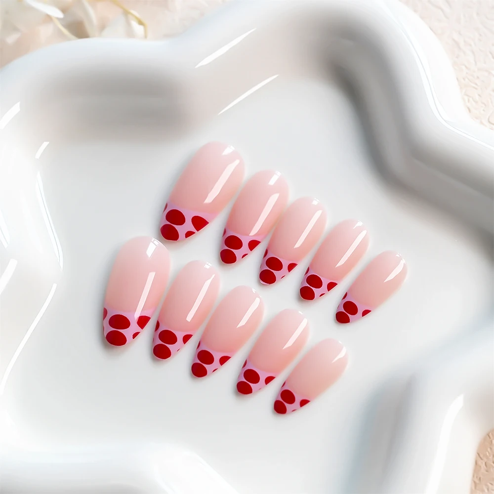 24 pezzi francese medio mandorla unghie finte acrilico stampa leopardata indossabile stampa sulle unghie rosso/nero pois copertura completa unghie finte