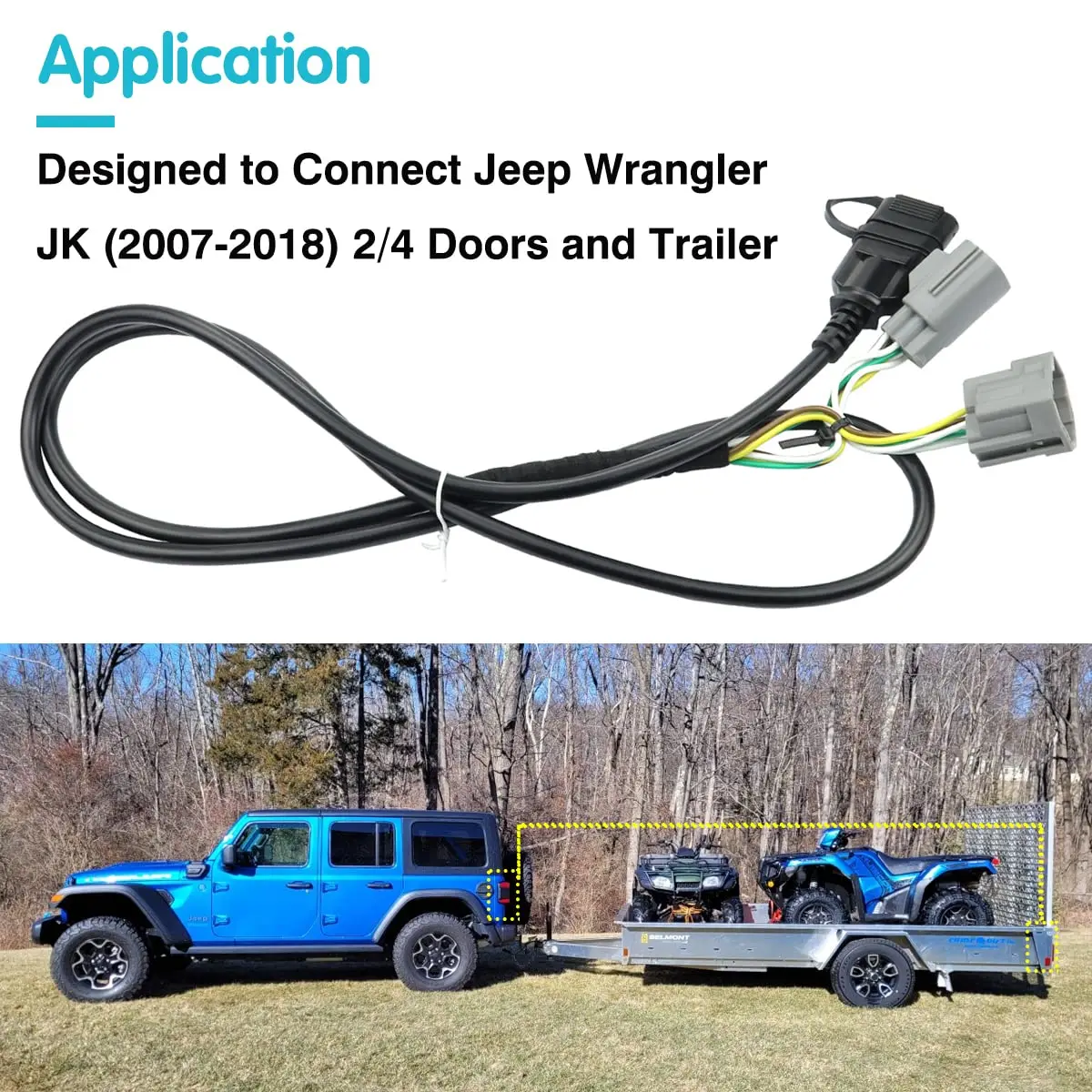 4 Way Trailer Wiring Harness for 2007-2018 Jeep Wrangler JK Come With Flat Connector Dust Cover- 67 Inches Length