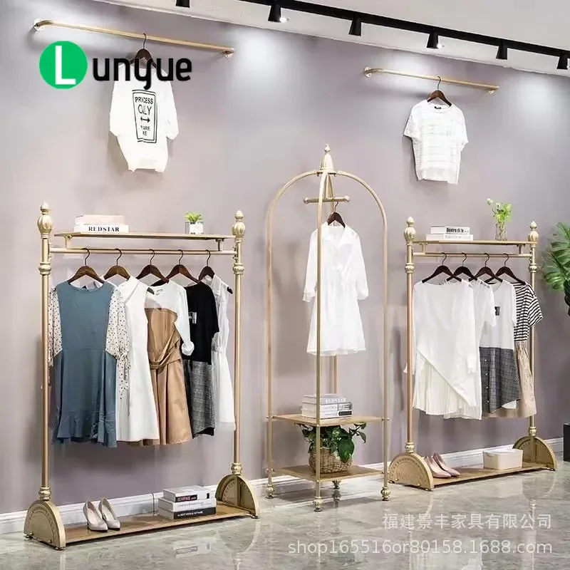 European Style Gold Wrought Iron Clothing Display Rack Floor to Ceiling Garment Shelf Side Hanging Combo for Women's Boutique