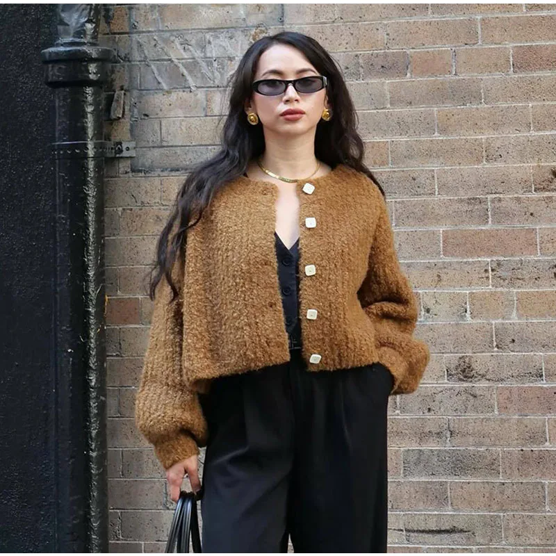 Retro Plush Single Breasted Cardigan Women Elegant Loose Solid O-neck Short Sweaters Female Winter Autumn Chic Street Knitwear