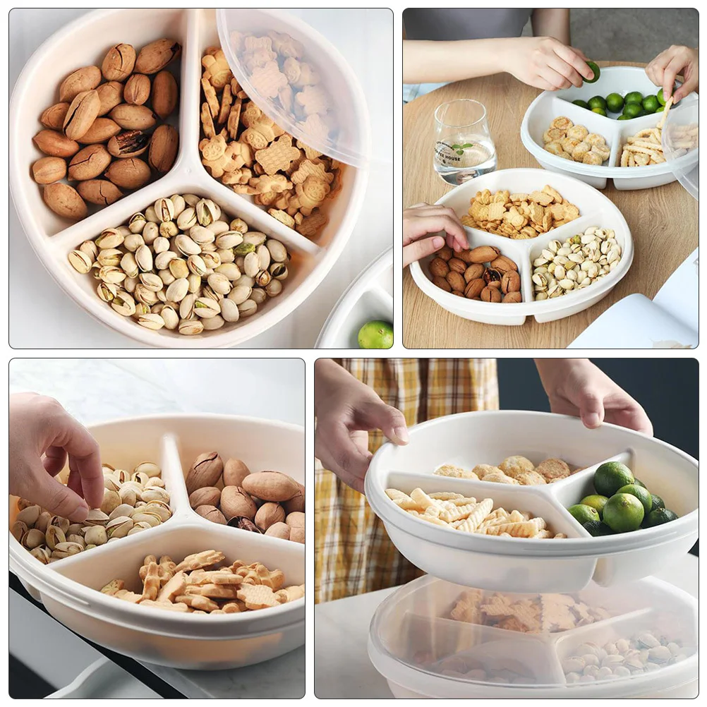 

Dried Fruit Snack Platter 3 Section Plastic Storage Tray with Lid for Candies Nuts Chocolates Organization Serving At Home Or