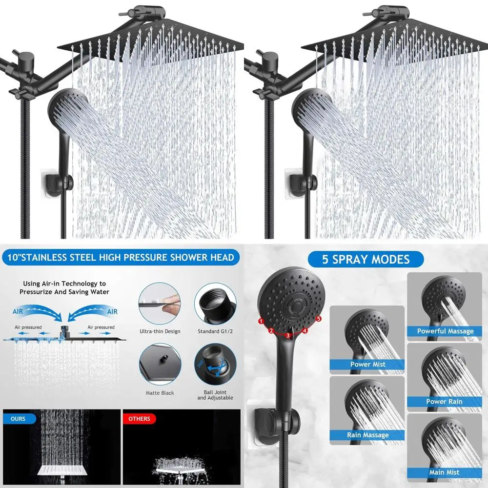 10 Matte Black High-Pressure Rain Shower with 11 Extendable Arm and 5-Mode Handheld