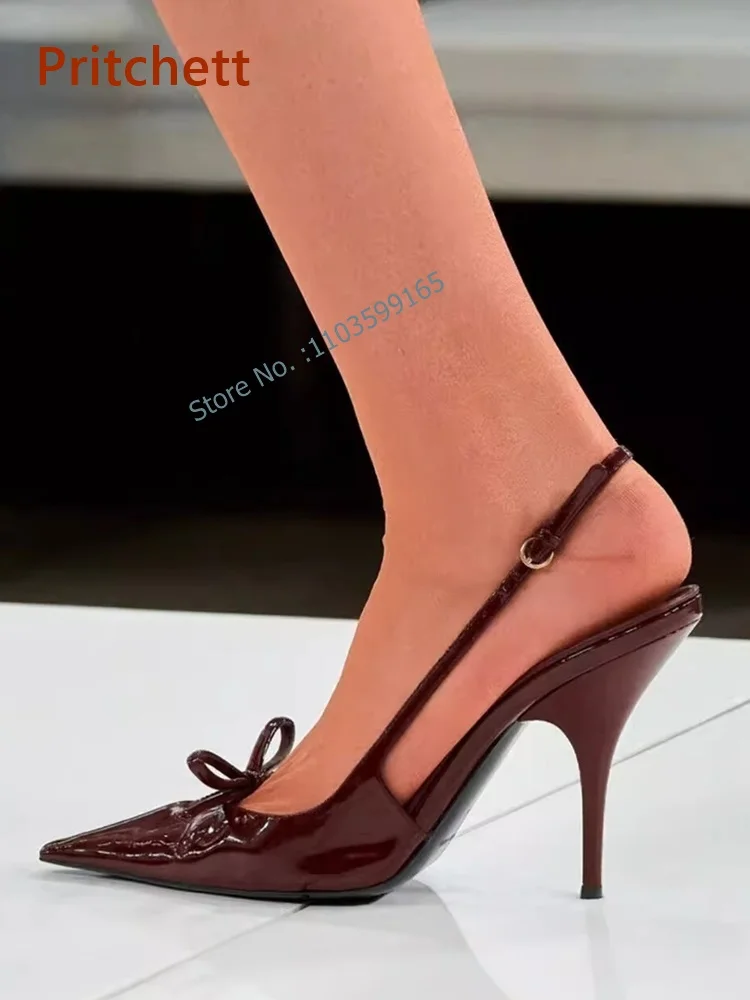 Bombas Toe Pointy com nó borboleta para mulheres, salto fino, sandálias rasas, couro envernizado, alça de fivela, sapatos Slingback, monocromático, Borgonha