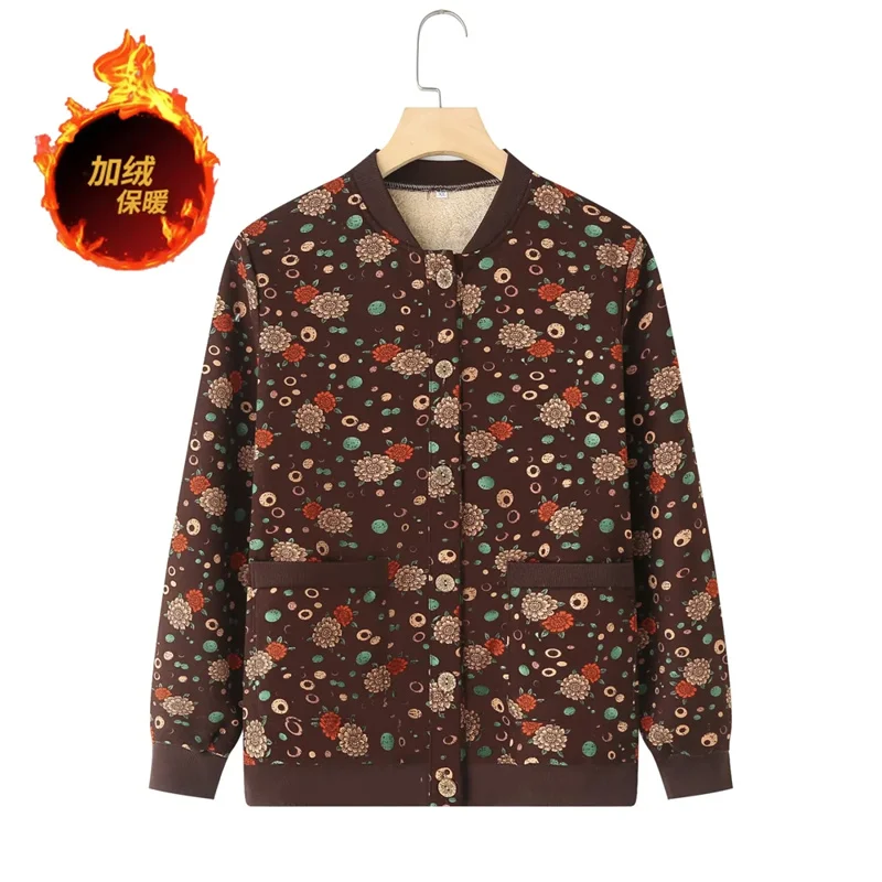 Middle-Aged And Elderly Women's Autumn winter Jacket 2023 New Loose Short Add Velvet Warm Coat Female Printing Outerwear Tops