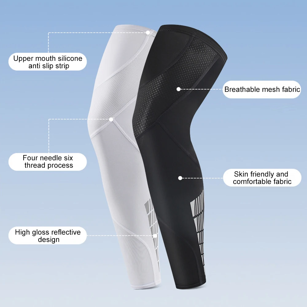 1Pair Full-Length Compression Leg Sleeves, Breathable Sports Covers for Running Basketball Cycling with Anti-Slip Silicone