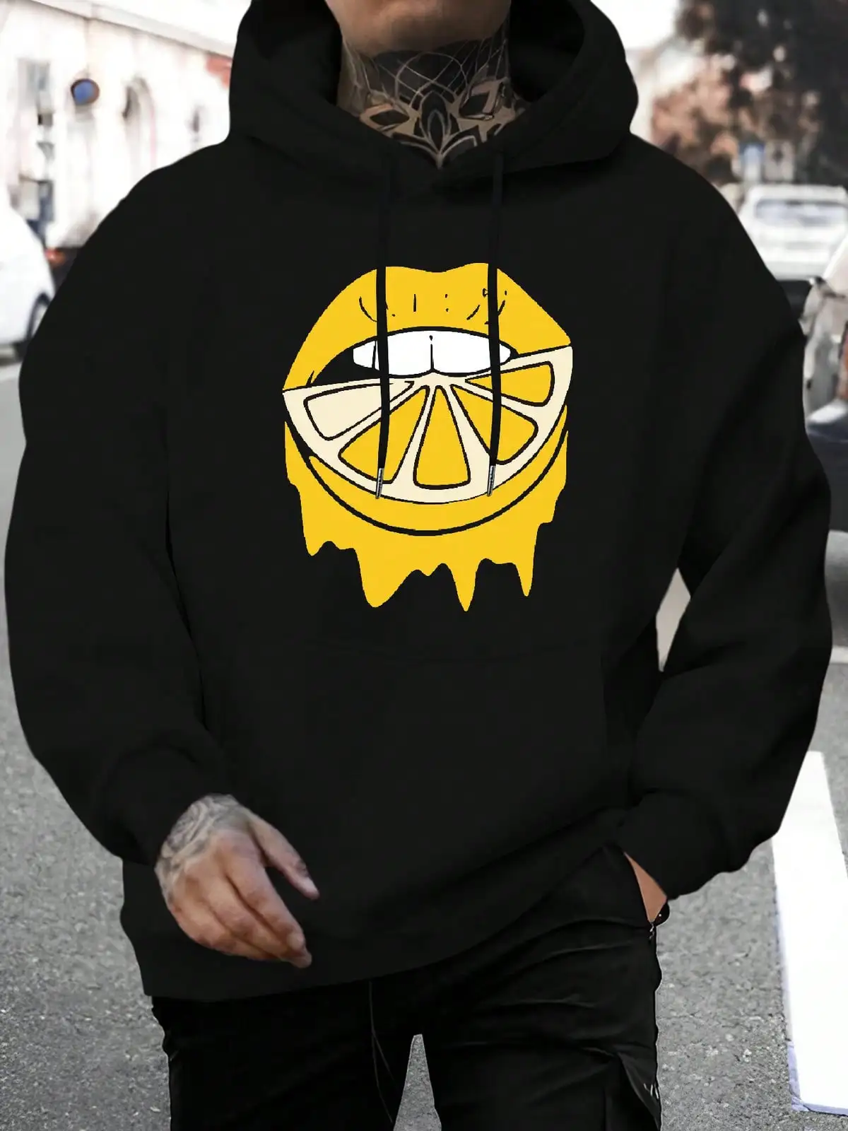 Men Street Art Style Hooded Sweatshirt, Trendy Dripping Lips Bite Lemon Slice Cartoon Graphic Pullover, Drawstring Kangaroo Pocket Long Sleeve Hoodie For Urban Streetwear