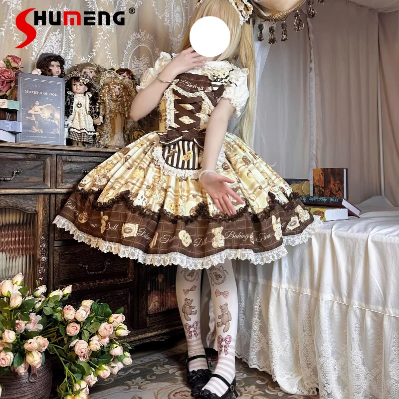 

Japanese Sweet Lolita Style Strap Dress Summer New Girls Sweet Cute Bow Bear Print Kawaii Birthday Dress Daily Y2k Sling Dress