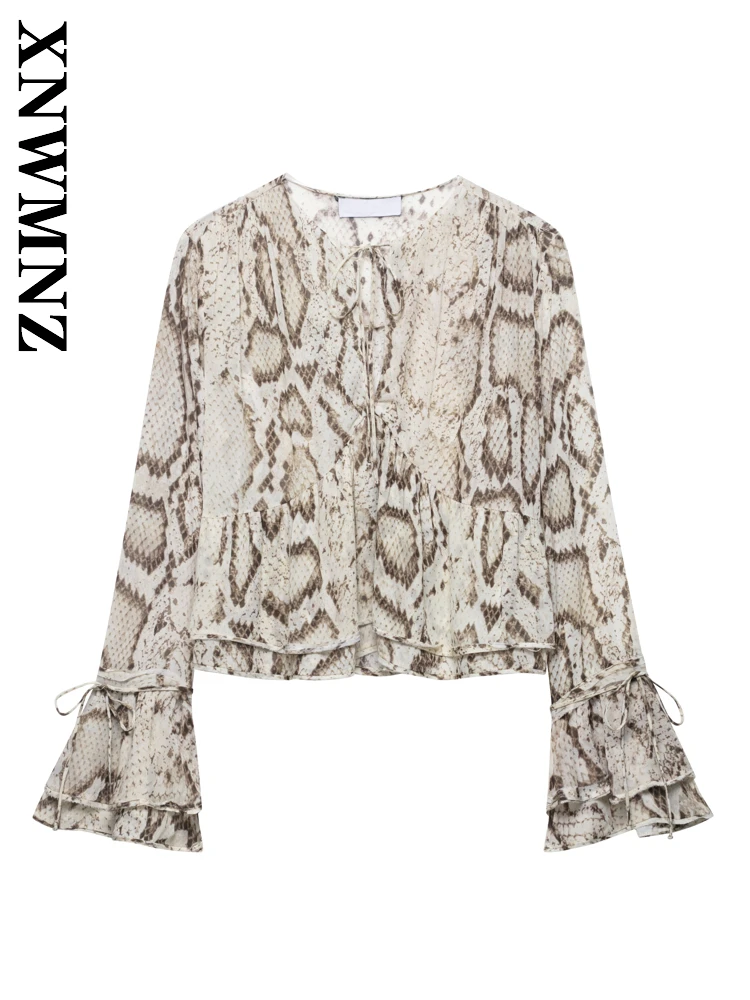 

XNWMNZ 2025 Summer New Product Lady Holiday Chic Long Sleeve V-Collar Top Casual Woman Long Sleeve Top Party Tie LEOPARD Shirt