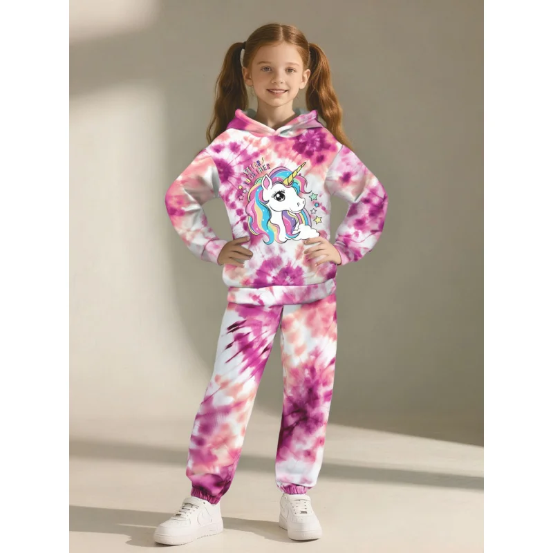 20256 Girls' Tie-Dye Unicorn Hooded Two-Piece Set: Sweet Casual Sweatshirt and Pants Children's Ensemble
