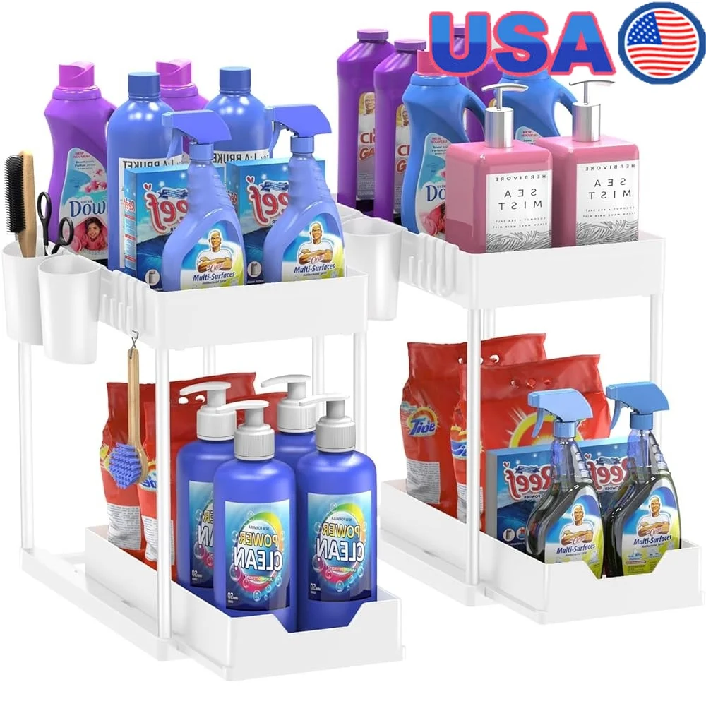 

Органайзер под раковину, корзина для хранения, 2 упаковки, 2 уровня, выдвижные крючки для ящиков, подвесные разделители для чашек, кухонные растворы для ванной комнаты