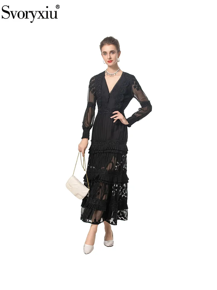 

Svoryxiu Fashion Runway Autumn Black Elegant Long Dress Women's V-Neck Net Yarn Lace Lantern Long Sleeve Flounces Hem Dresses