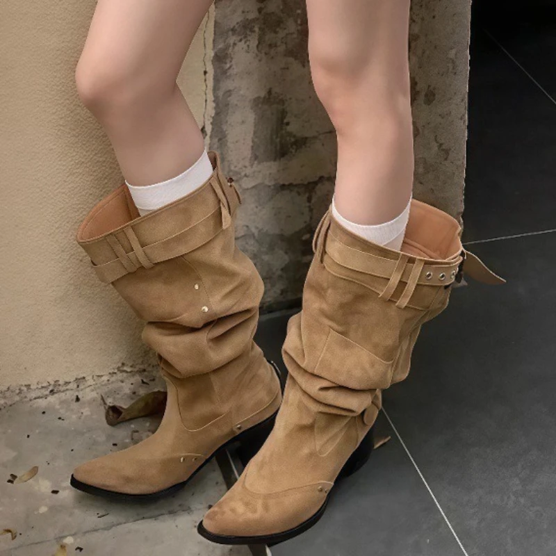 

Women Wide Barreled Pointed Boots Not Over The Knee Thick Heels Knight Boots Belt Buckle Decoration Western Style Women Boots