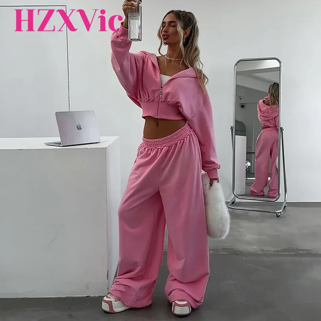 

HZXVic Women's Y2K Autumn Crop Hooded Jacket And High Waist Wide Leg Pants Two-Piece Set Casual Exposed Look