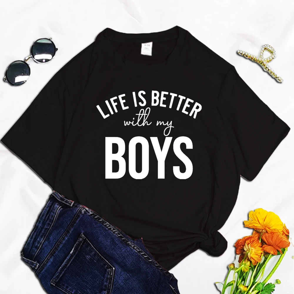 Letter Life Is Better With My Boy Print Clothing Women T Shirt Aesthetics Graphic Black Short Sleeve Polyester Women's T Shirt