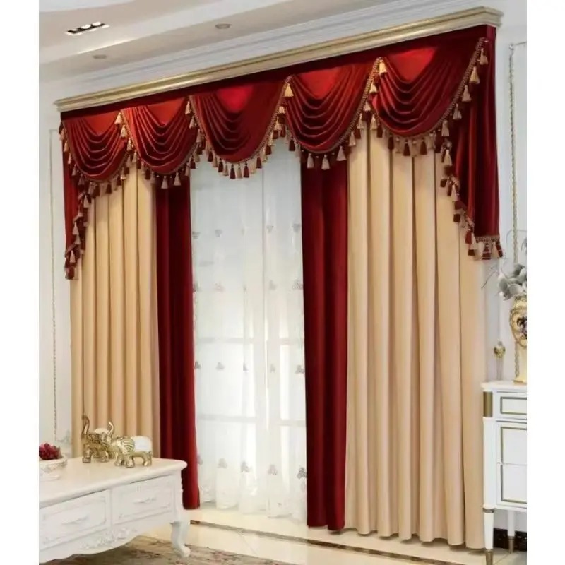 Custom Size！！European Luxury Velvet Burgundy Color-blocking Beige Blackout Elegant Curtains for Living Dining Room Bedroom Decor