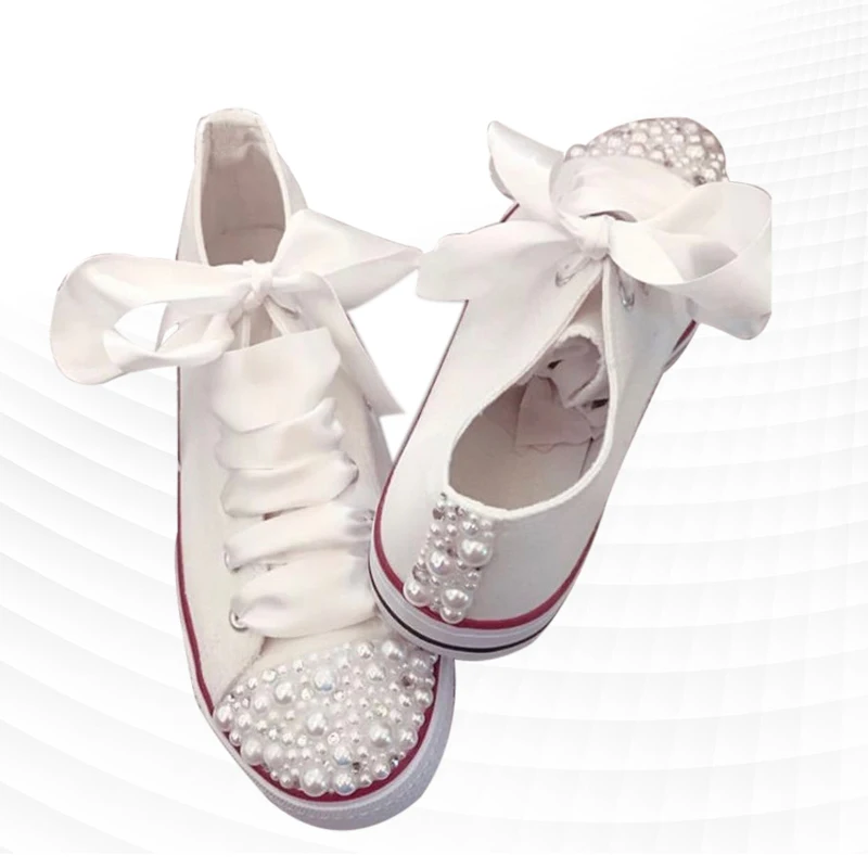 Chaussures de sport en toile avec ruban de perles blanches pour femmes, chaussures décontractées intégrées, style personnalisé, 35-46